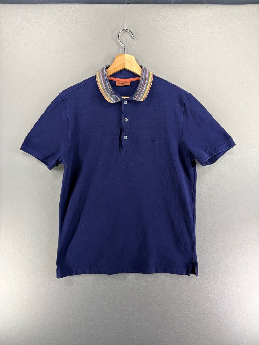 Missoni Slub Collar Polo Shirt Mens Size Medium Navy Blue Cotton Short Sleeve
